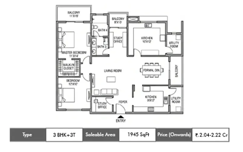 Assetz Naru and Nami 3 BHK floor plan, 1945 sq ft saleable area